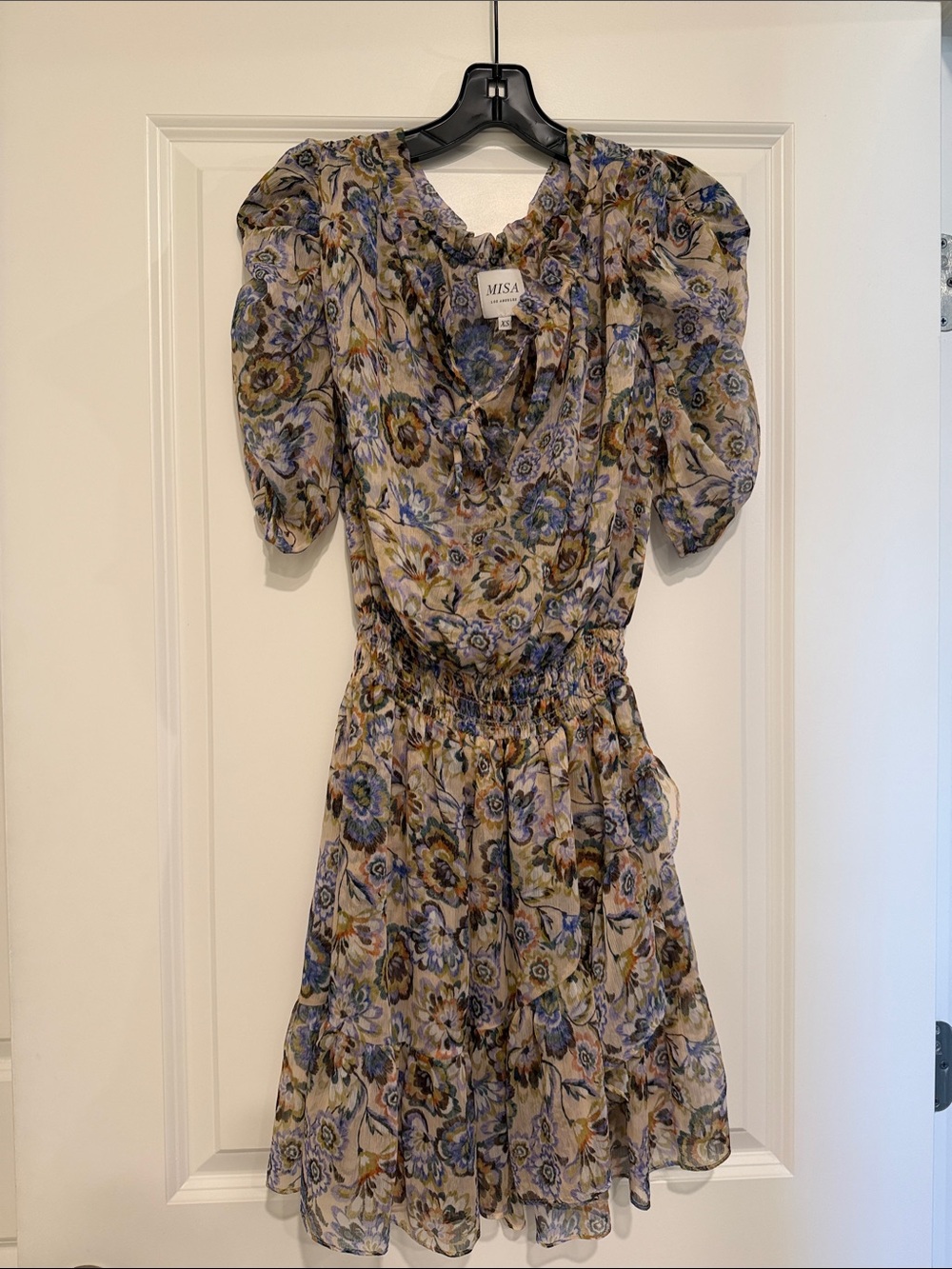 Misa Los Angeles Floral Puff-Sleeve Smocked Waist Mini Dress - Blue & Brown